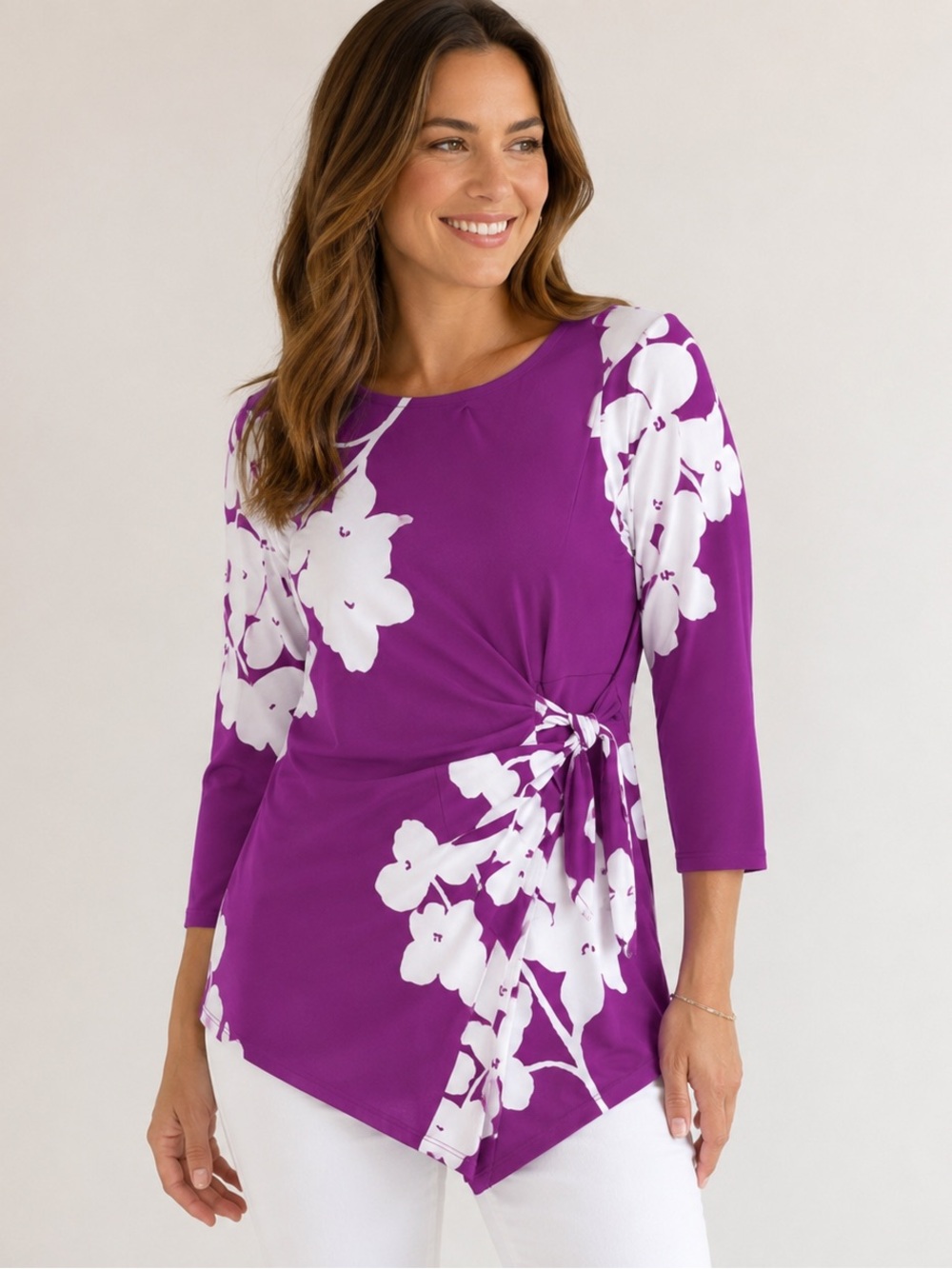 Alfani Purple & White Floral 3/4 Sleeve Blouse – Women’s S
